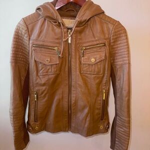 Michael Kors Tan Leather moto Jacket with Gold Accents Small